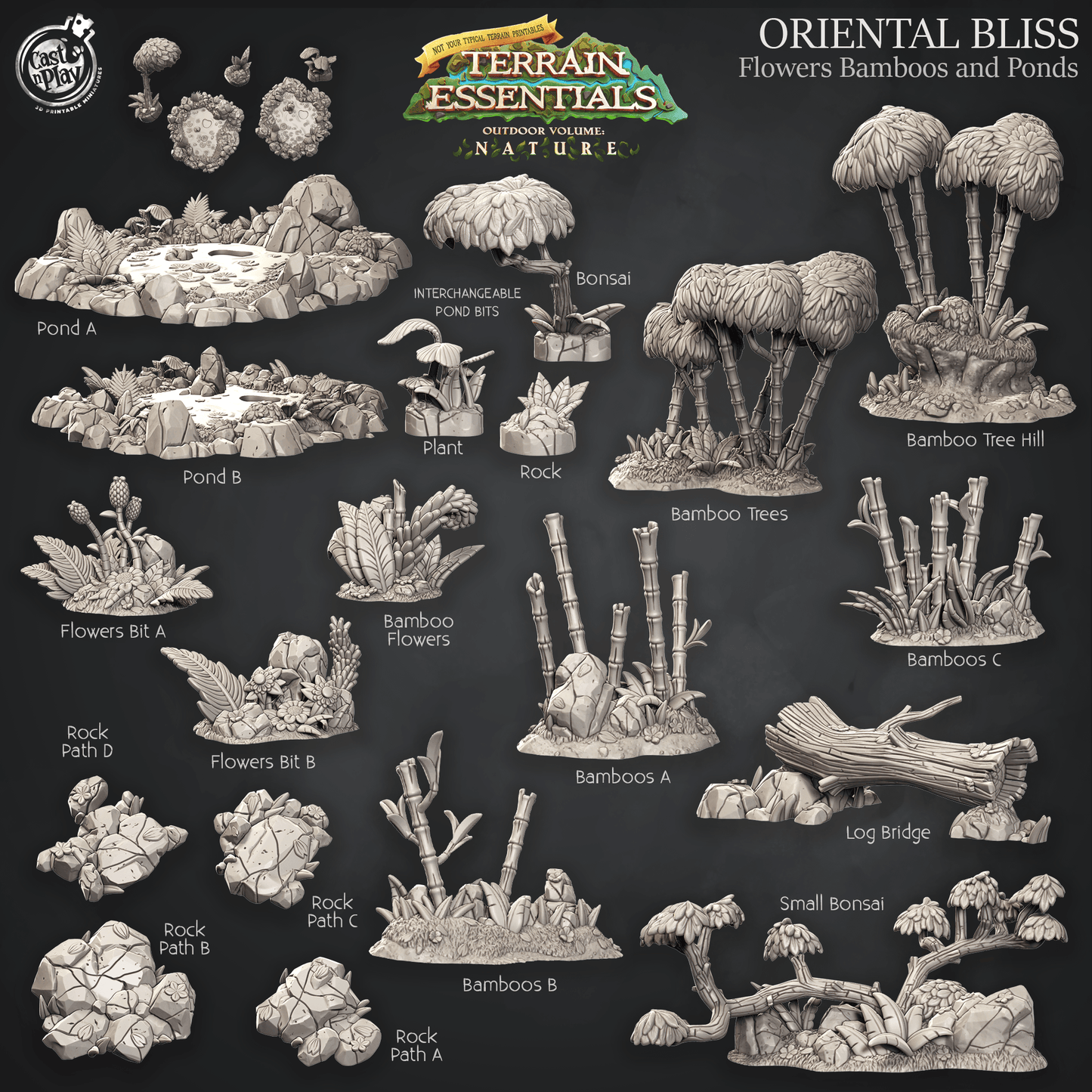 3D Printed Cast n Play Flowers Bamboo and Ponds Oriental Terrain Set Terrain Essentials Nature 28mm 32mm D&D