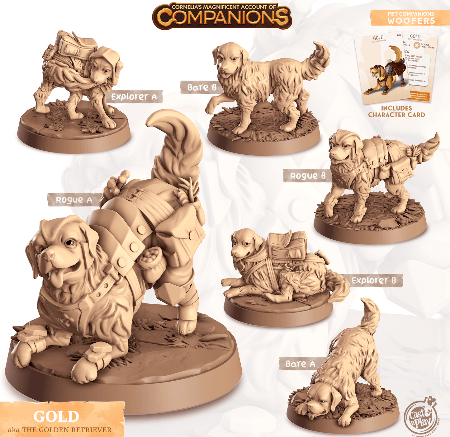 3D Printed Cast n Play Gold - Golden Retriever Companions 28mm 32mm D&D
