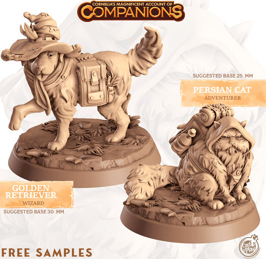 3D Printed Cast n Play Golden Retriever and Persian Cat Cornelia's Companions 28mm 32mm D&D