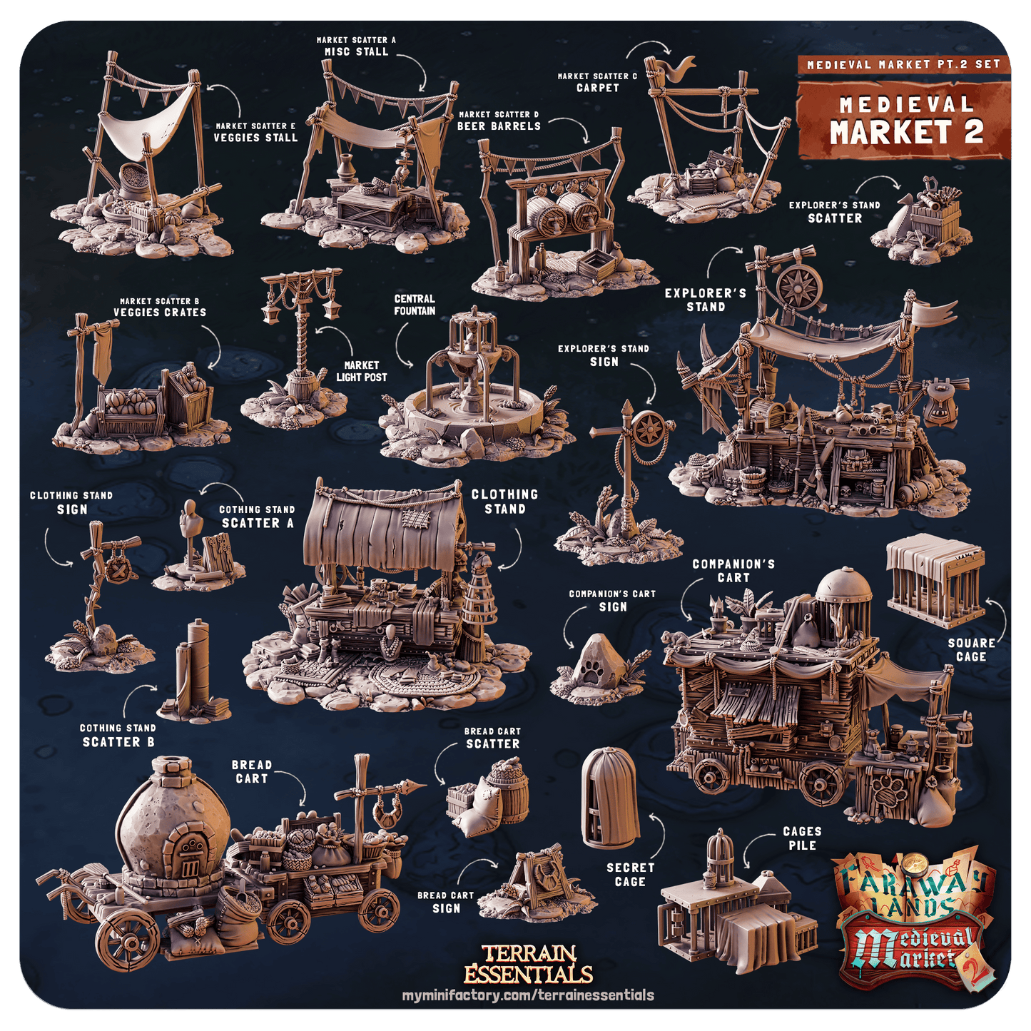 3D Printed Cast n Play Medieval Market 2 Terrain Set 28mm 32mm D&D