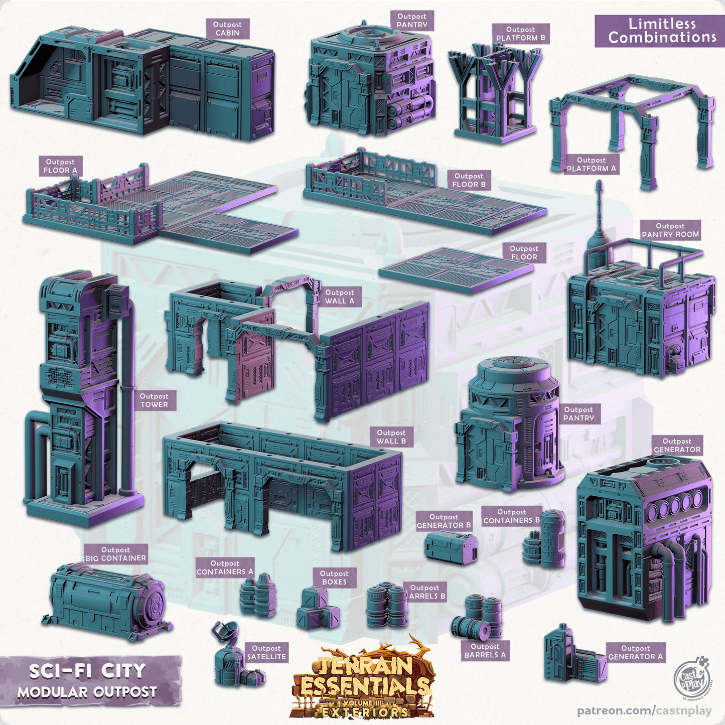 3D Printed Cast n Play Modular Outposts Sci-Fi City Set Terrain Essentials Vol III Exteriors 28mm 32mm D&D