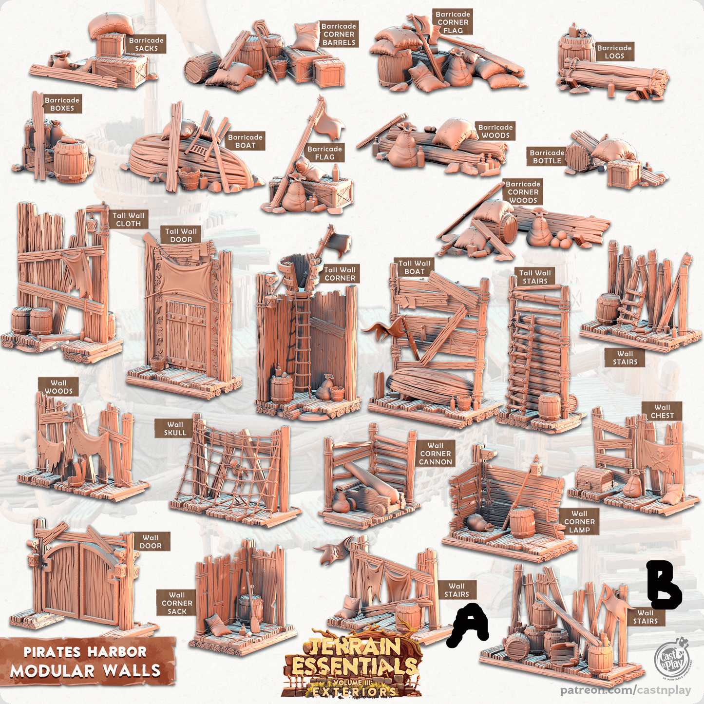 3D Printed Cast n Play Modular Walls Pirates Harbor Set 28mm 32mm D&D