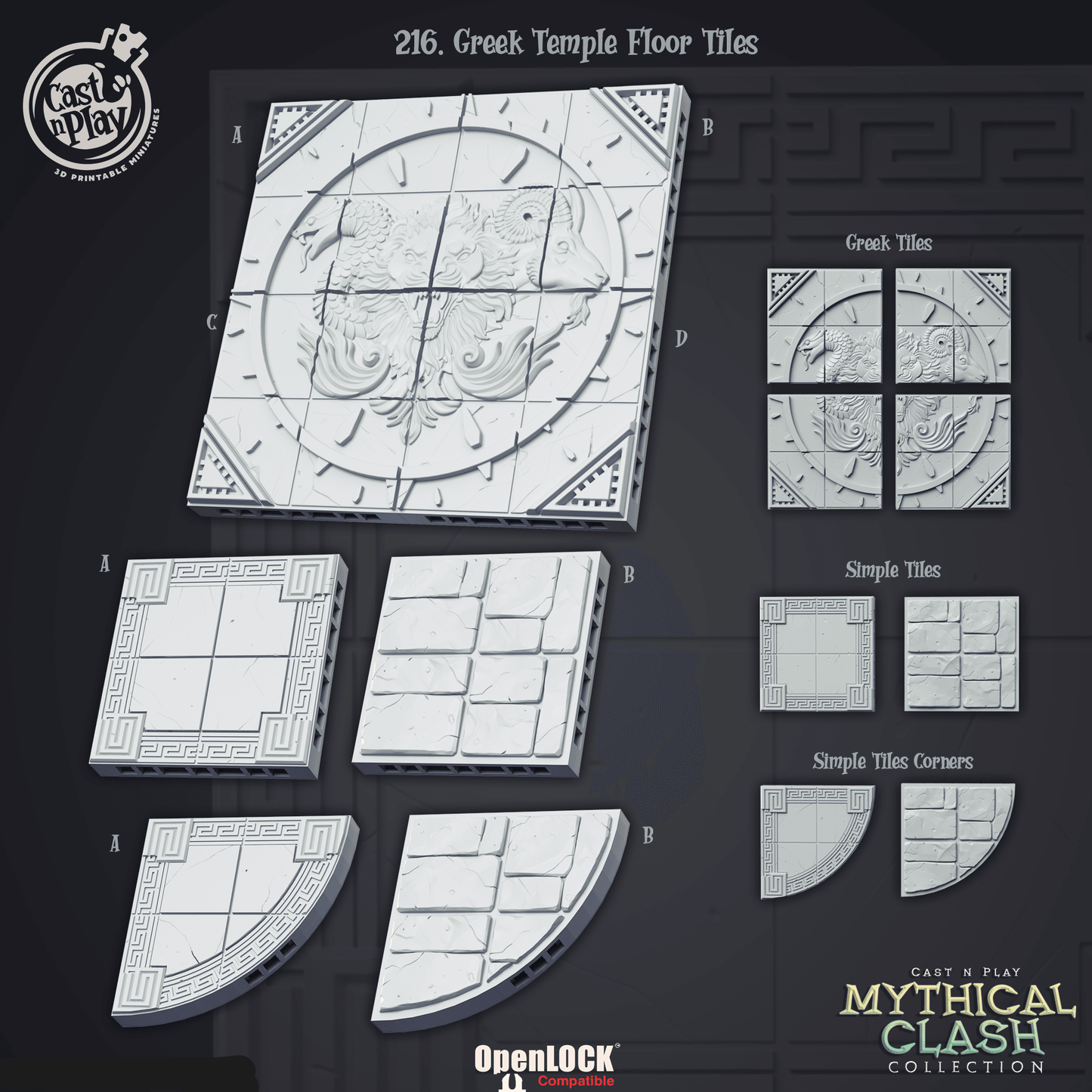 3D Printed Cast n Play Mythical Clash Collection - Greek Temple Floor Tiles 28mm 32mm D&D