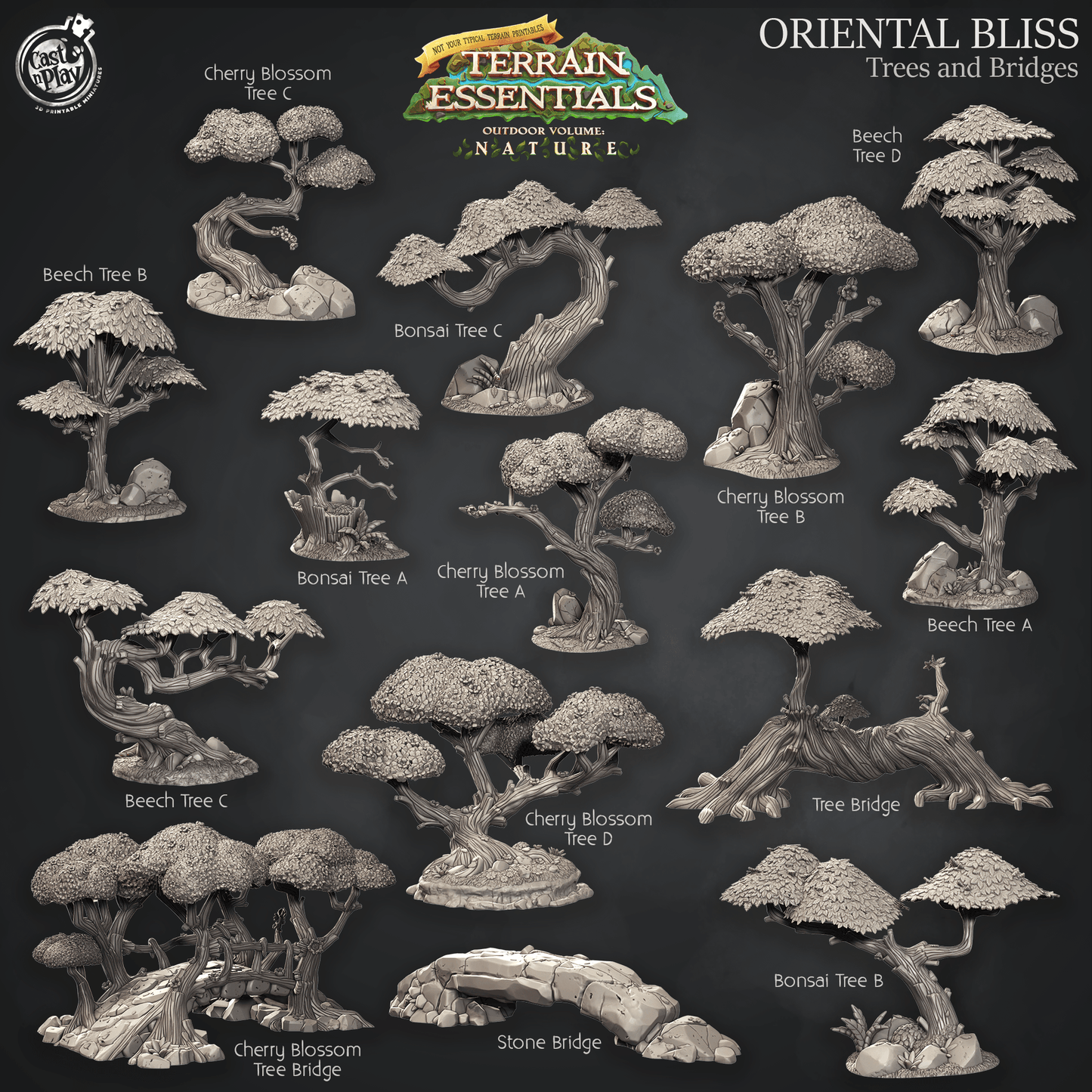 3D Printed Cast n Play Oriental Bliss Trees and Bridges Terrain Set Terrain Essentials Nature 28mm 32mm D&D