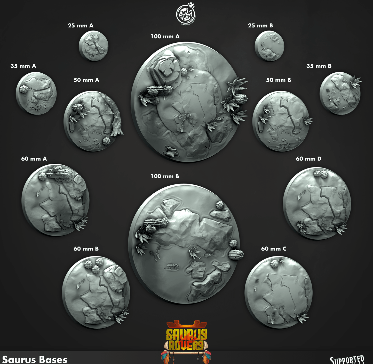3D Printed Cast n Play Saurus Bases Saurus Rovers Set 28mm 32mm D&D