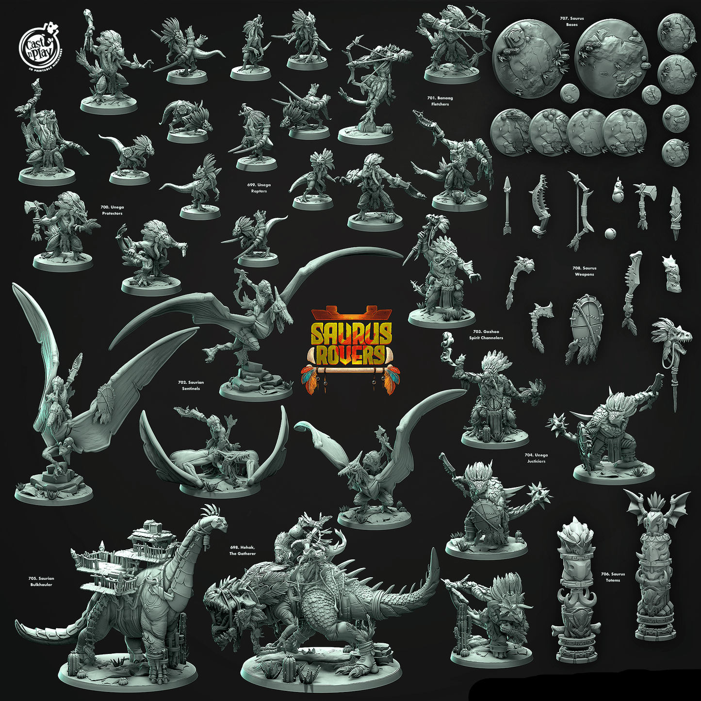 3D Printed Cast n Play Saurus Totems Saurus Rovers Set 28mm 32mm D&D