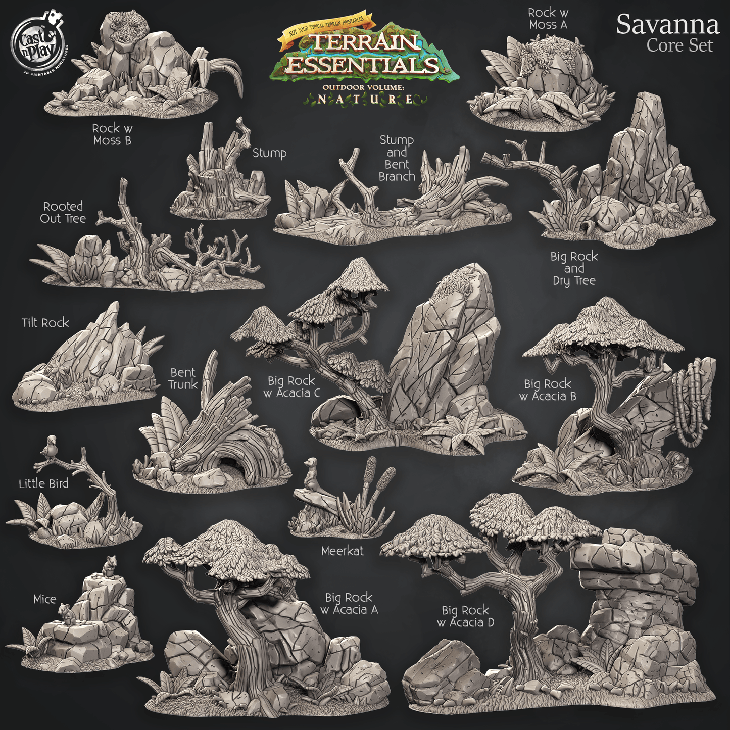 3D Printed Cast n Play Savanna Core Set Savanna Terrain Set Terrain Essentials Nature 28mm 32mm D&D