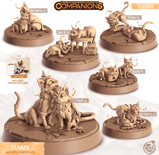 3D Printed Cast n Play Siams - Siamese Cats Companions 28mm 32mm D&D