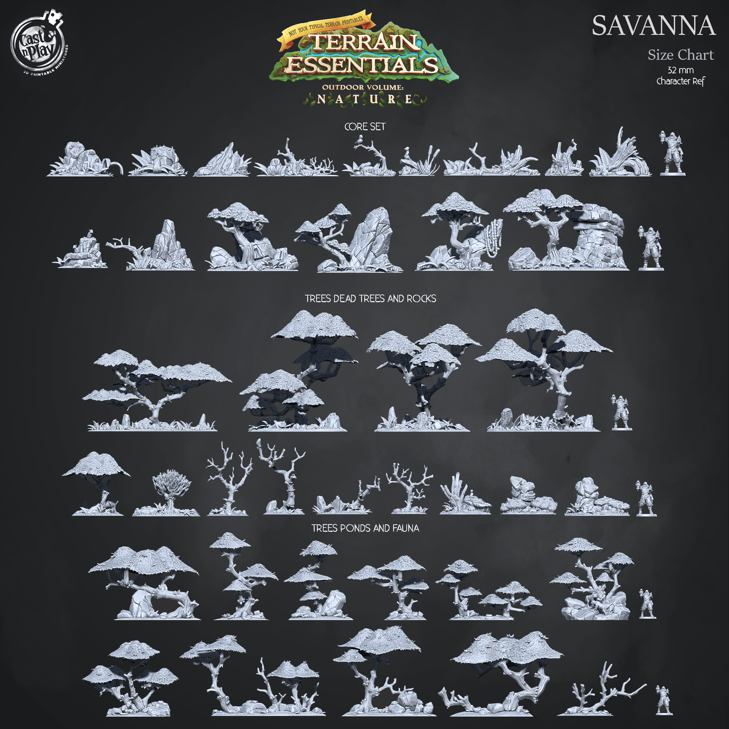 3D Printed Cast n Play Terrain Essentials Nature Savanna Terrain - Trees, Dead Trees and Rocks Set 28mm 32mm D&D