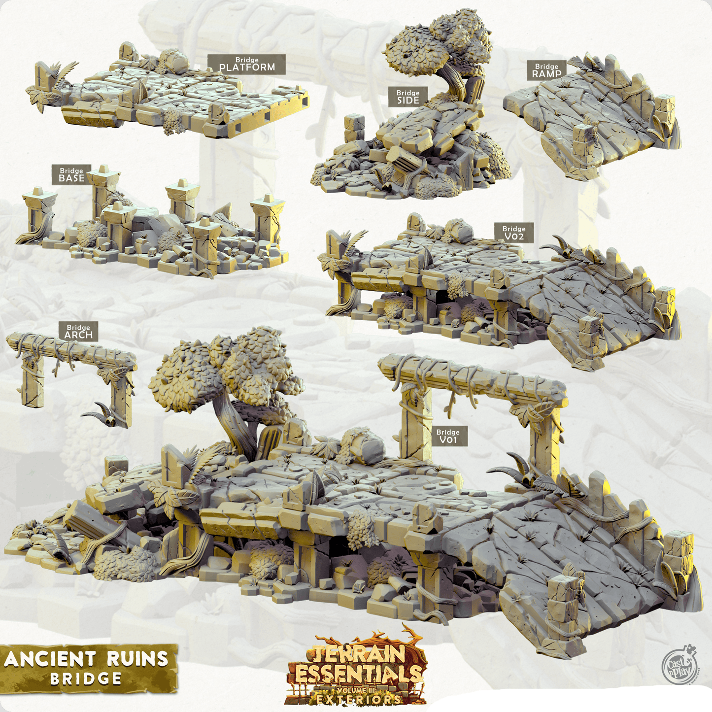 3D Printed Cast n Play Terrian Essentials Exteriors Ancient Ruins - Bridge Ancient Ruins Set 28mm 32mm D&D