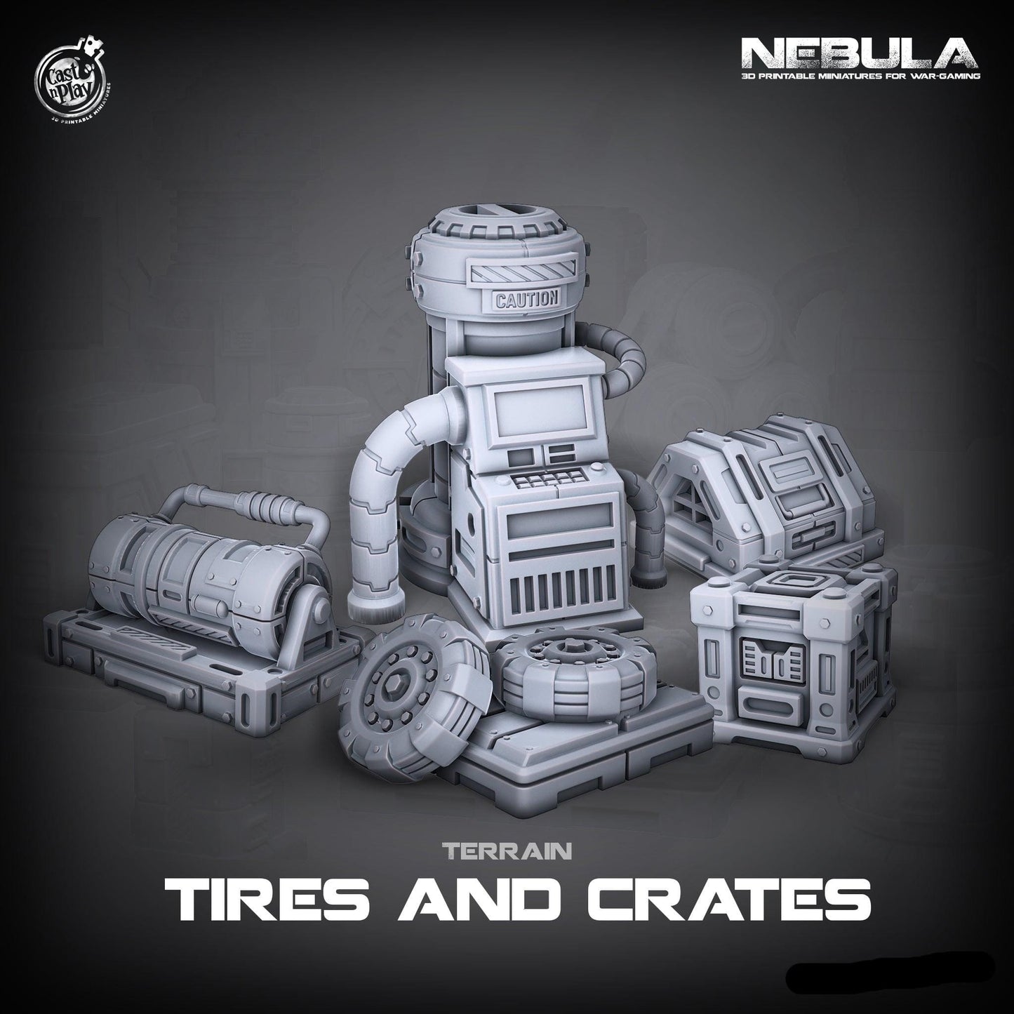 3D Printed Cast n Play Tires and Crates Nebula Origins 28mm 32mm D&D