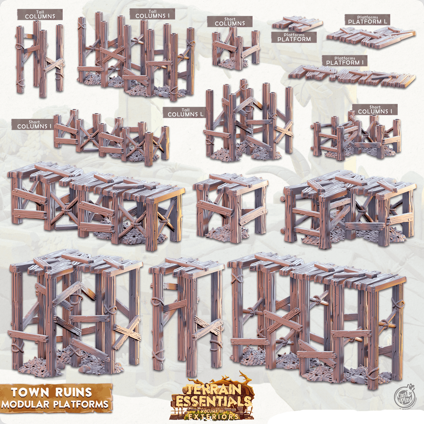 3D Printed Cast n Play Town - Town Ruins Modular Platforms Set 28mm 32mm D&D