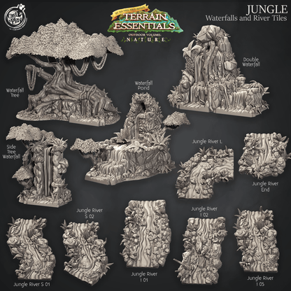 3D Printed Cast n Play Waterfalls and River Tiles Jungle Terrain Set Terrain Essentials Nature 28mm 32mm D&D