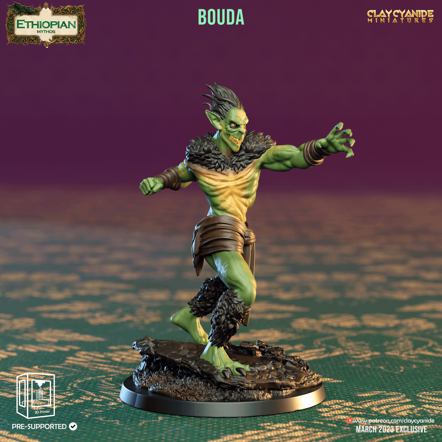 3D Printed Clay Cyanide Bouda Ethiopian Mythos 28 32 mm D&D