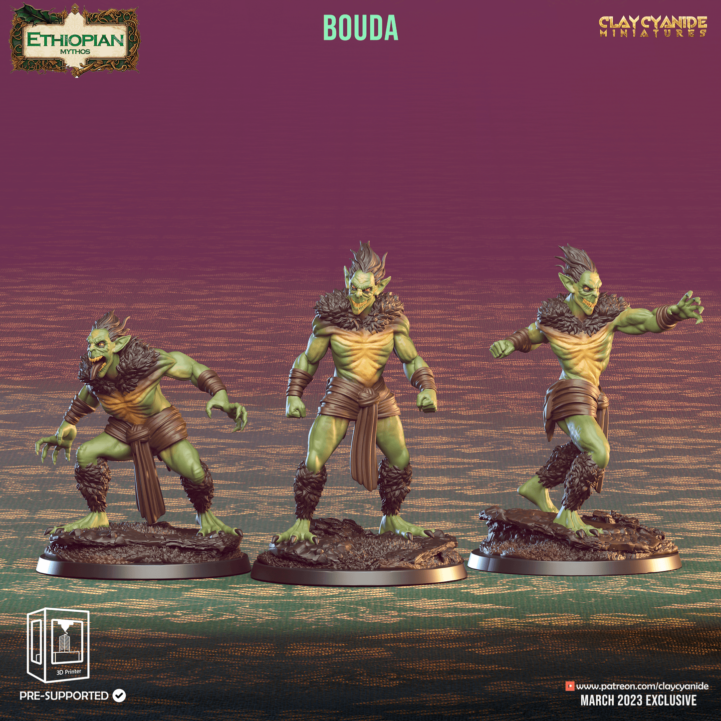 3D Printed Clay Cyanide Bouda Ethiopian Mythos 28 32 mm D&D