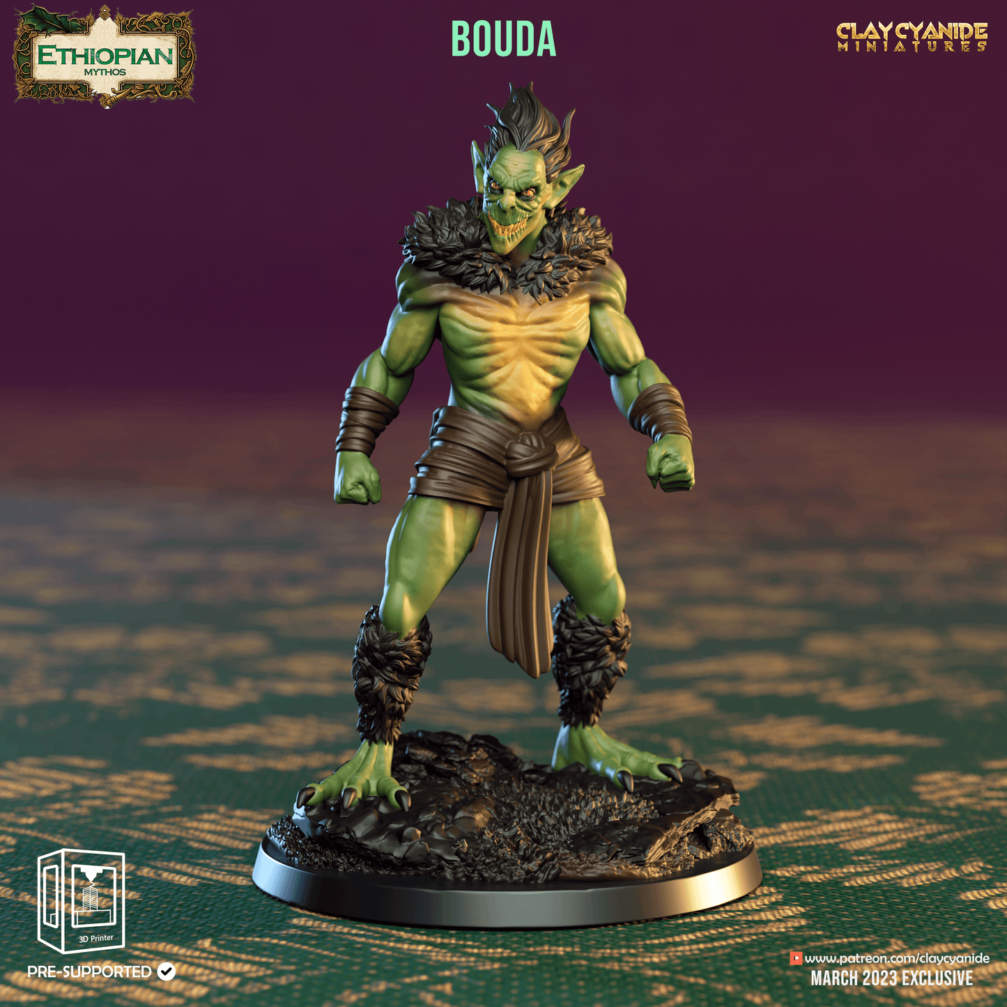 3D Printed Clay Cyanide Bouda Ethiopian Mythos 28 32 mm D&D