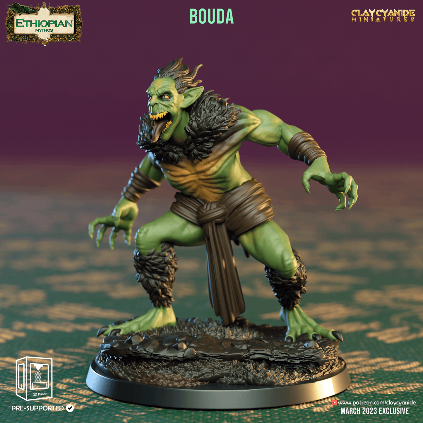 3D Printed Clay Cyanide Bouda Ethiopian Mythos 28 32 mm D&D