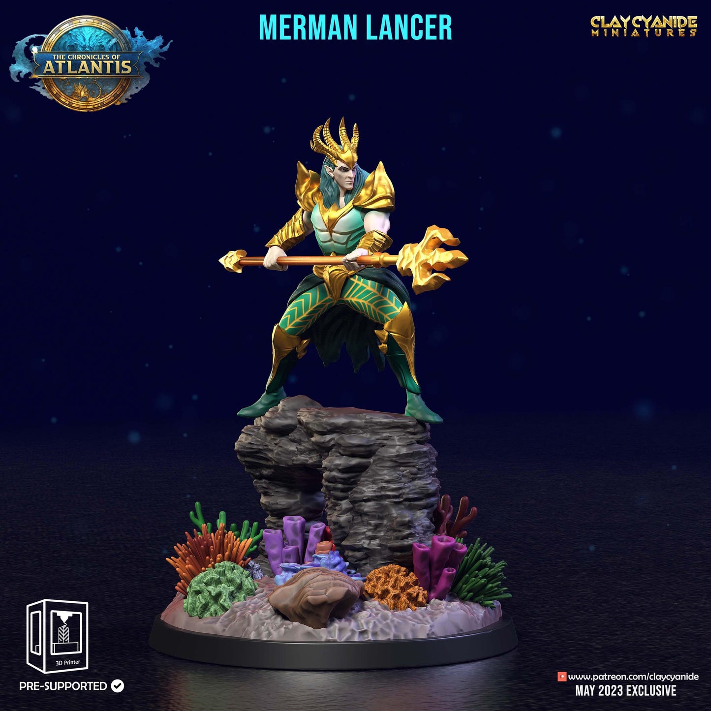3D Printed Clay Cyanide Merman Lancers The Chronicles of Atlantis 28 32 mm D&D