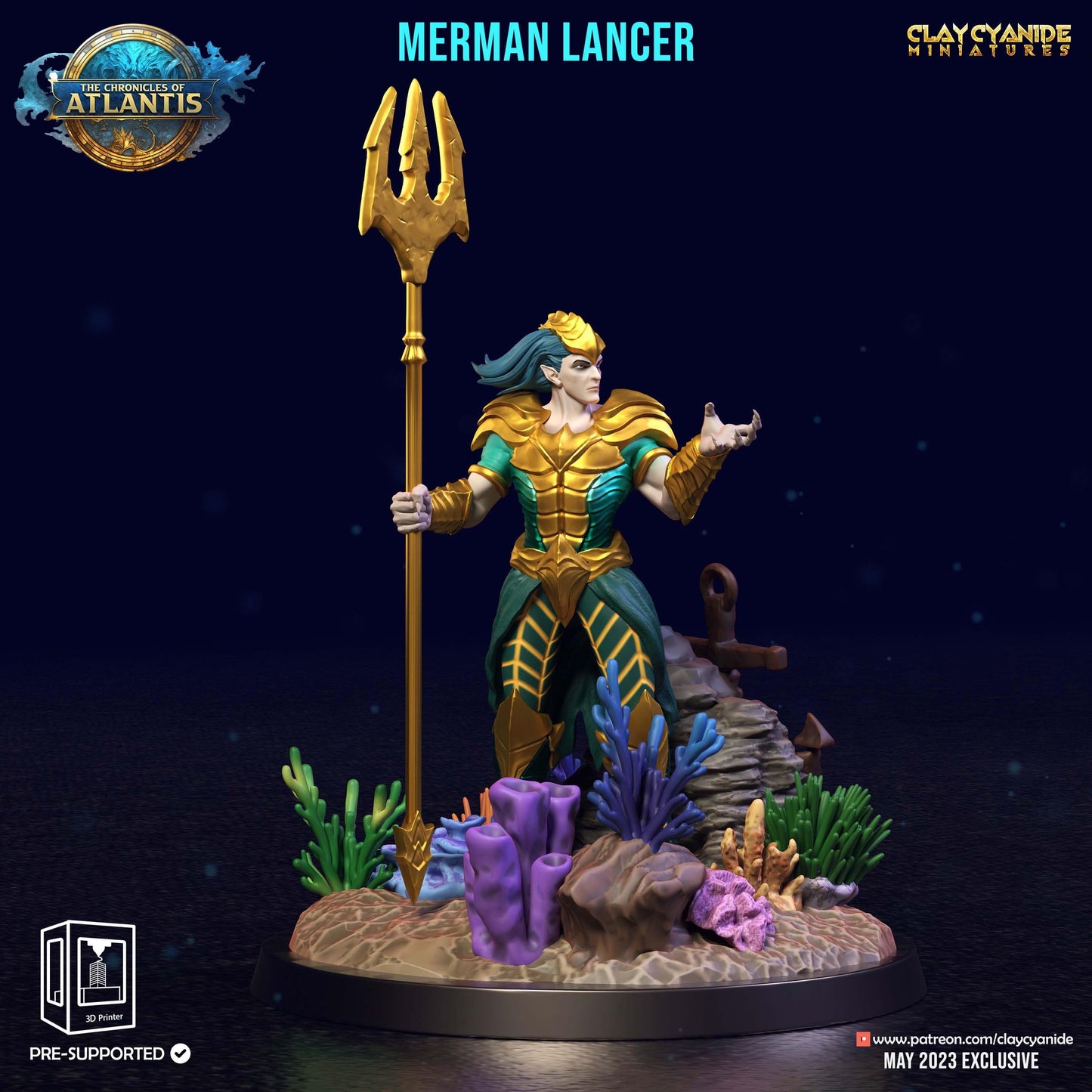 3D Printed Clay Cyanide Merman Lancers The Chronicles of Atlantis 28 32 mm D&D