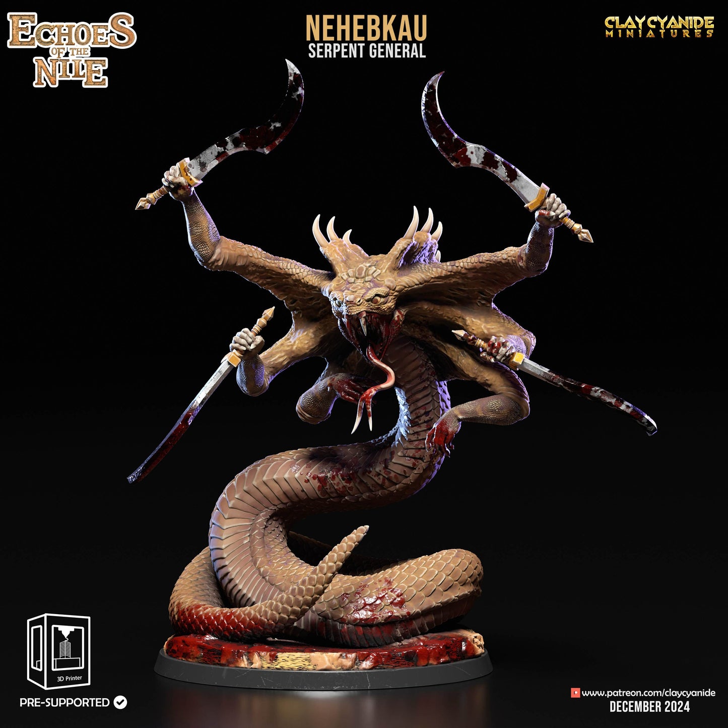 3D Printed Clay Cyanide Nehebkau Serpent General Echoes of the Nile 28 32 mm D&D