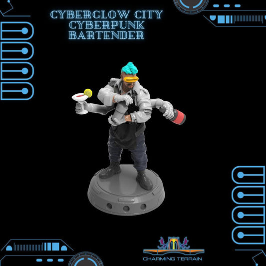 3D Printed Cyberglow City Cyberpunk Bartender Miniature  - 28mm 32mm