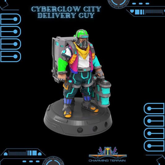 3D Printed Cyberglow City Cyberpunk Delivery Guy Miniature  - 28mm 32mm