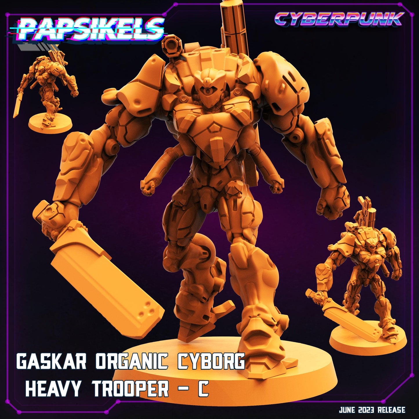 3D Printed Papsikels June 2023 Cyberpunk Gaskar Organic Cyborg Heavy Trooper Set 28mm 32mm