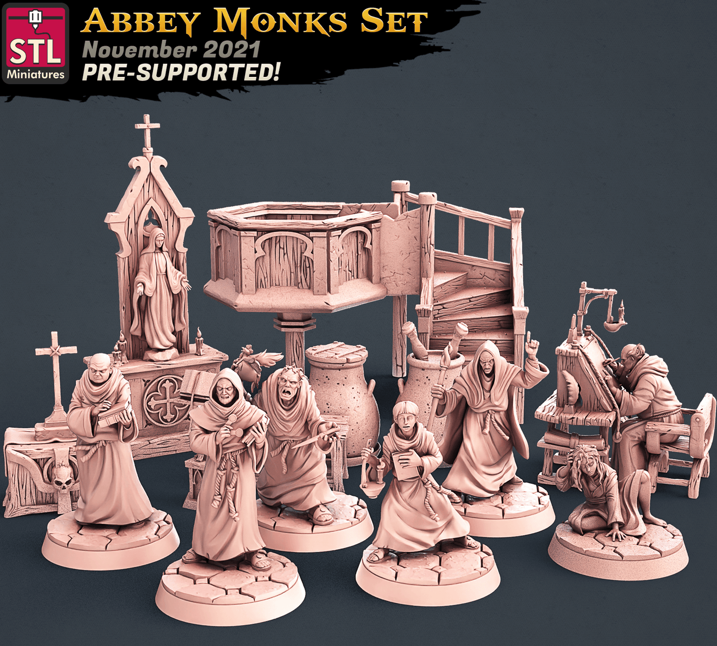 3D Printed STL Miniatures Abbey Monks Set 28 - 32mm War Gaming D&D