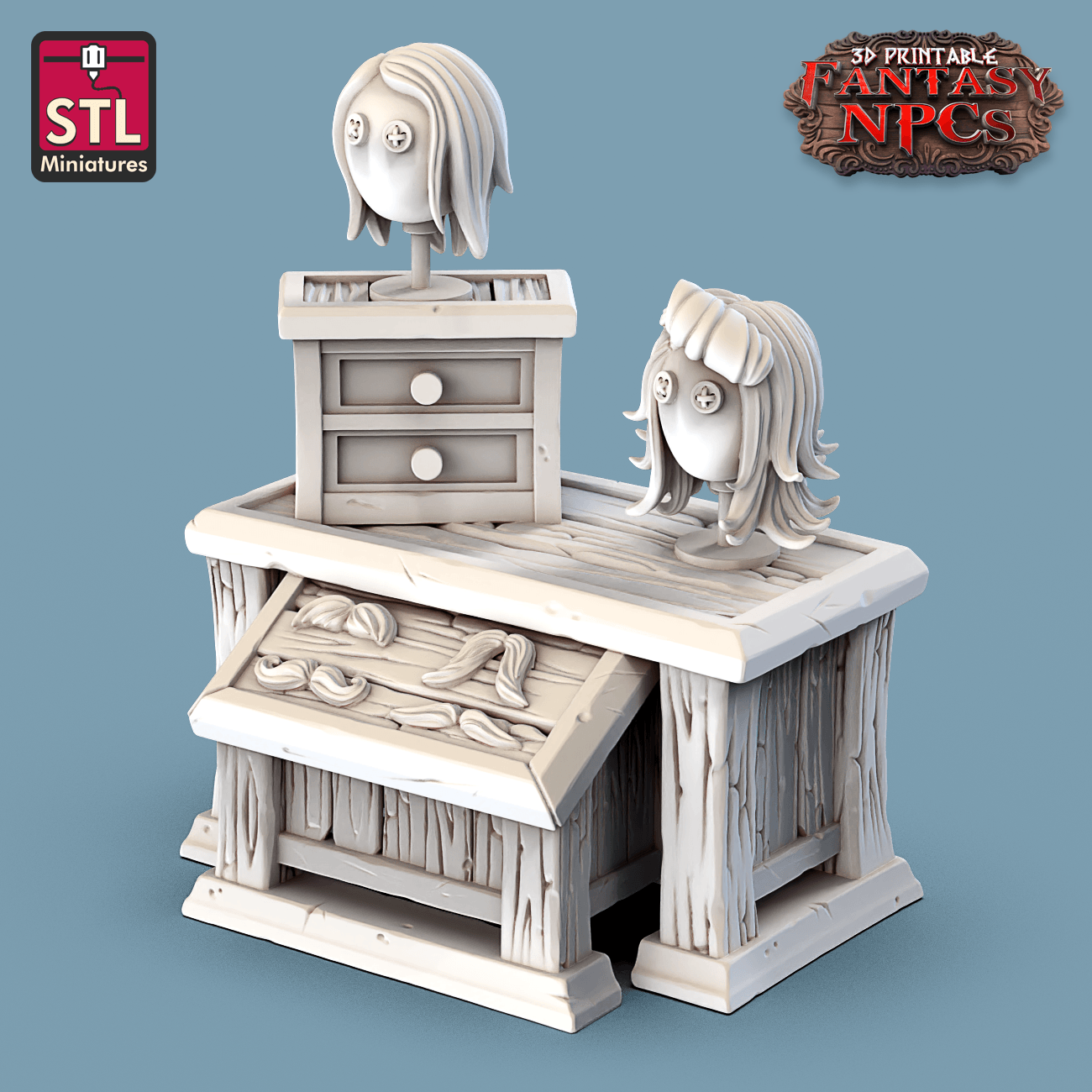 3D Printed STL Miniatures Barber Shop Set Fantasy NPC 28mm - 32mm War Gaming D&D