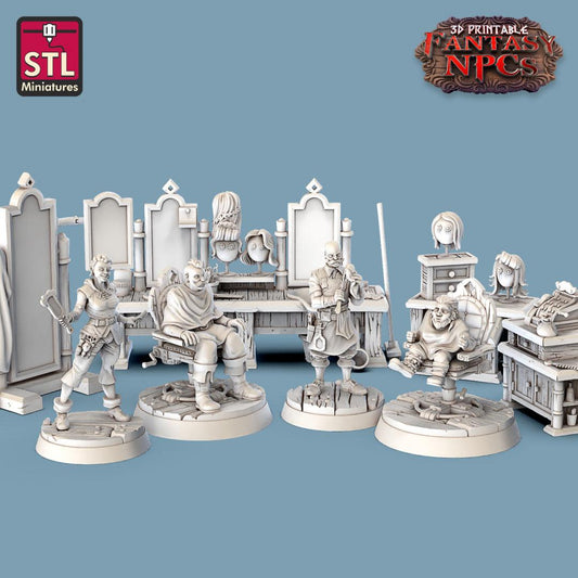 3D Printed STL Miniatures Barber Shop Set Fantasy NPC 28mm - 32mm War Gaming D&D
