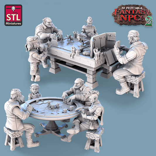 3D Printed STL Miniatures Card Players Set Fantasy NPC 2 | 28 - 32mm War Gaming D&D
