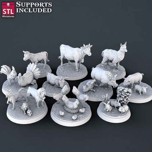 3D Printed STL Miniatures Farm Animals Set | 28 - 32mm War Gaming D&D