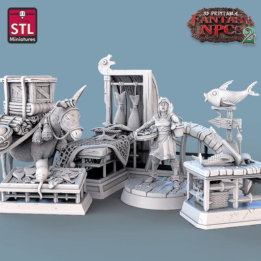 3D Printed STL Miniatures Fish Vendor Set Fantasy NPC 2 | 28 - 32mm War Gaming D&D