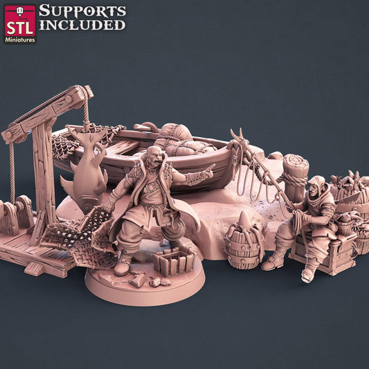 3D Printed STL Miniatures Fisherman Set Fantasy NPC 2 | 28 - 32mm War Gaming D&D