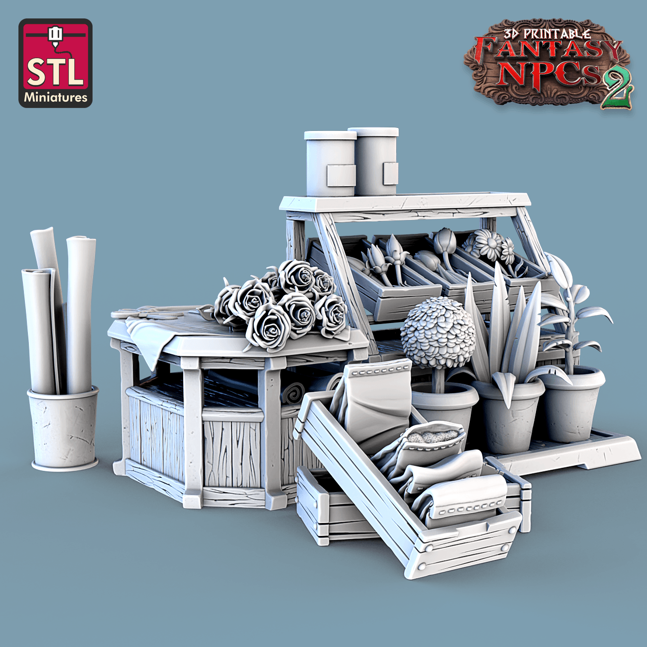 3D Printed STL Miniatures Florist Set Fantasy NPC 2 | 28 - 32mm War Gaming D&D