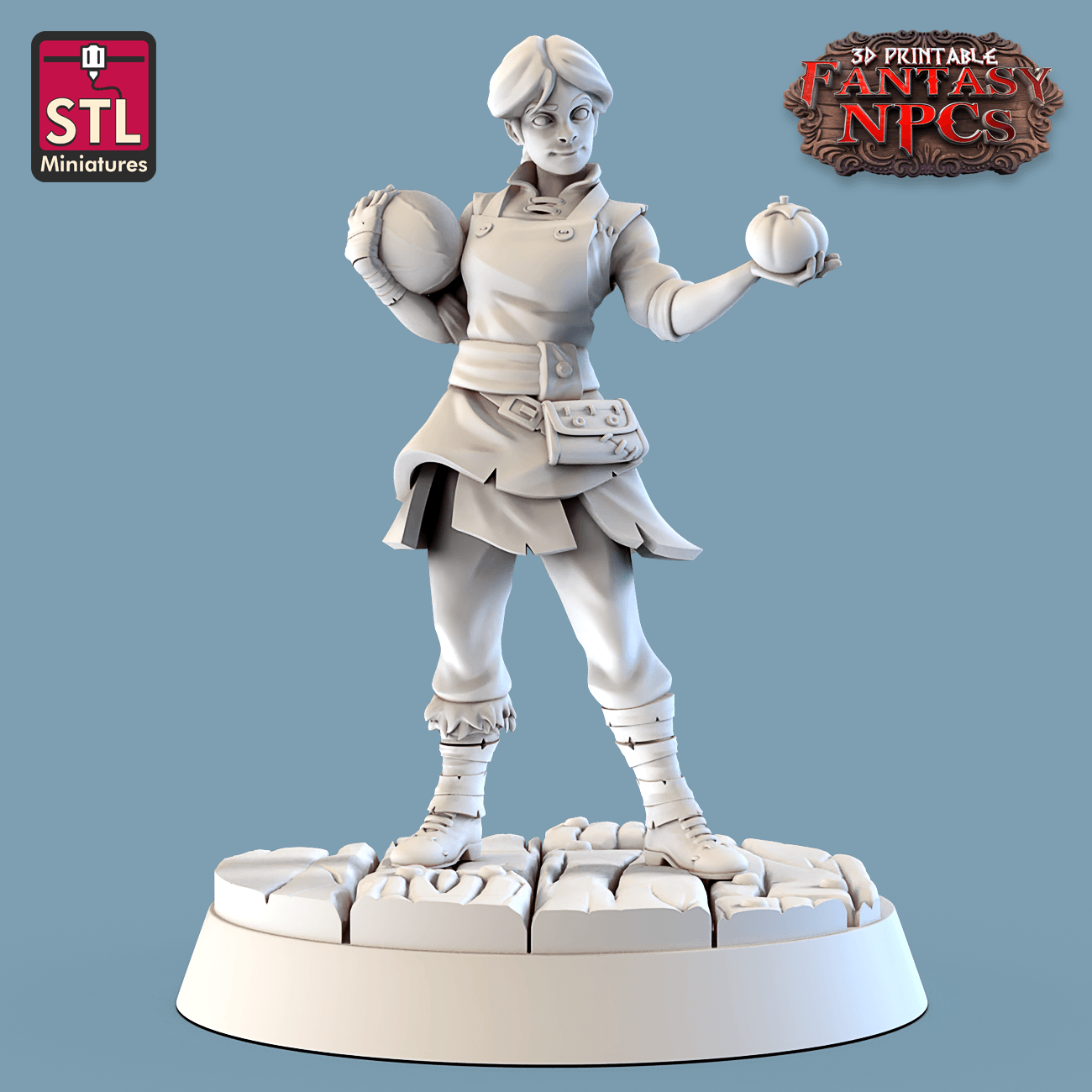 3D Printed STL Miniatures Fruit Seller Set Fantasy NPC 28mm - 32mm War Gaming D&D
