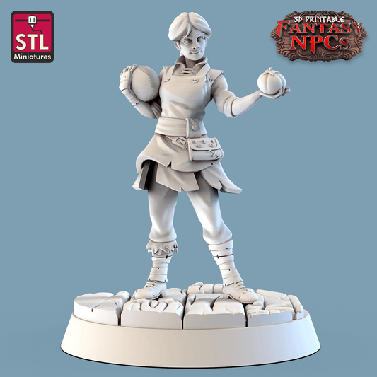 3D Printed STL Miniatures Fruit Seller Set Fantasy NPC 28mm - 32mm War Gaming D&D