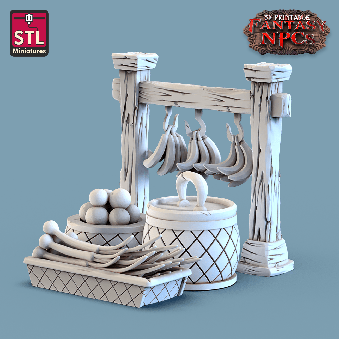 3D Printed STL Miniatures Fruit Seller Set Fantasy NPC 28mm - 32mm War Gaming D&D