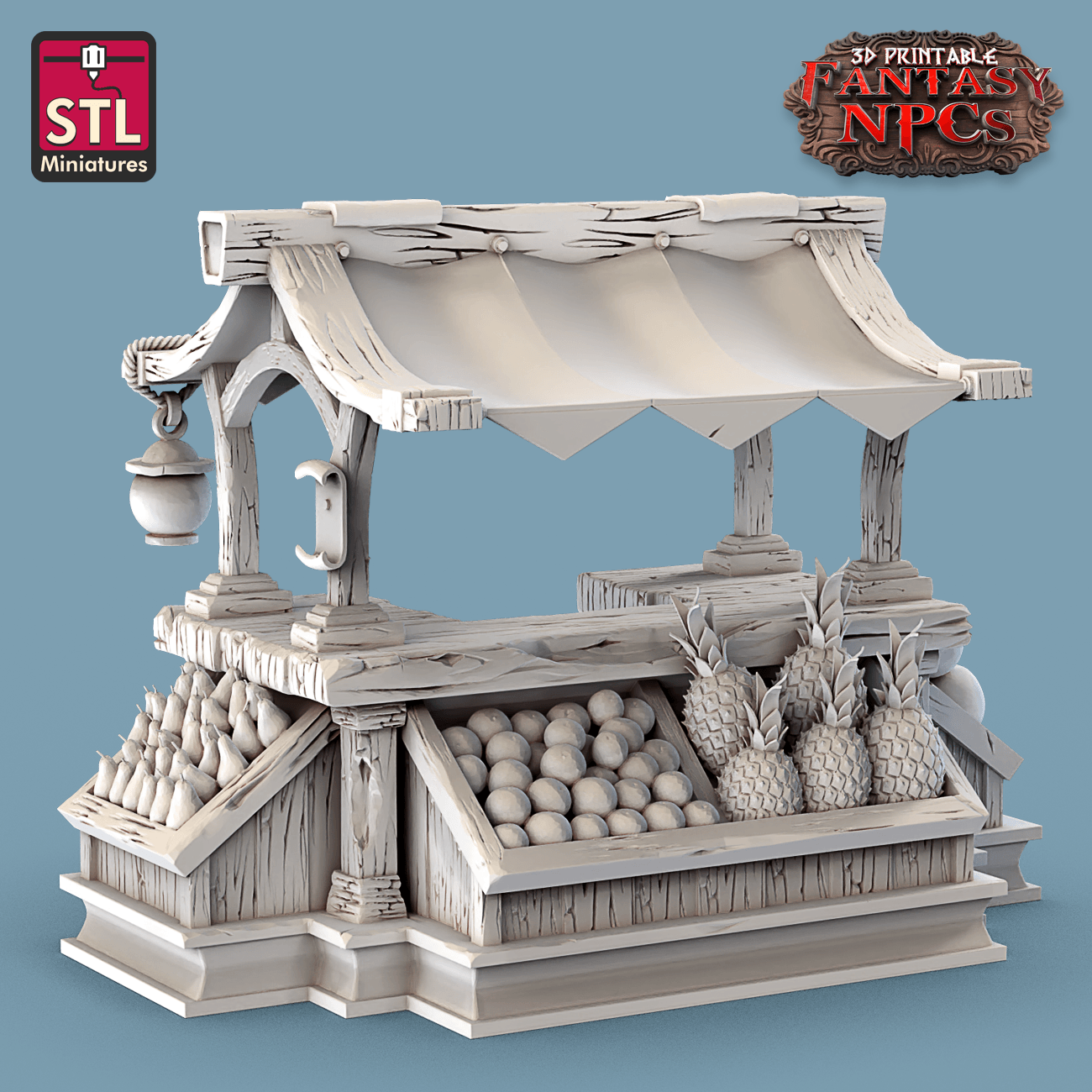 3D Printed STL Miniatures Fruit Seller Set Fantasy NPC 28mm - 32mm War Gaming D&D