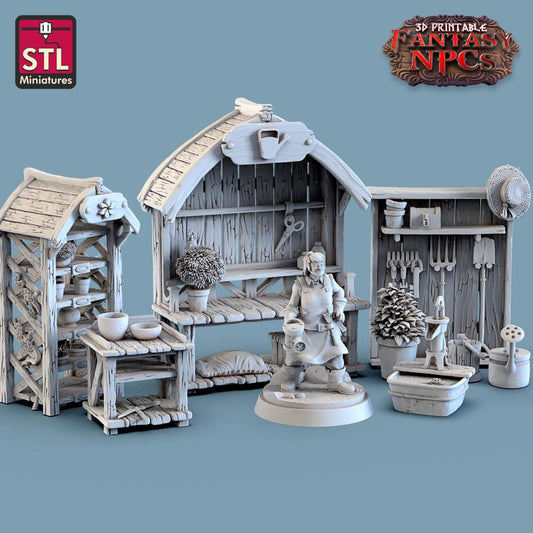 3D Printed STL Miniatures Gardener Set Fantasy NPC 28mm - 32mm War Gaming D&D