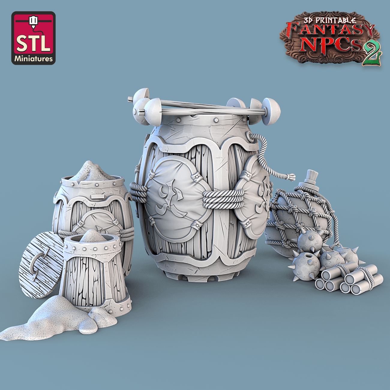 3D Printed STL Miniatures Gunpowder Vendors Set Fantasy NPC 2 | 28 - 32mm War Gaming D&D