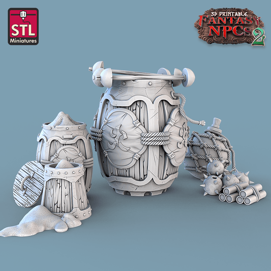3D Printed STL Miniatures Gunpowder Vendors Set Fantasy NPC 2 | 28 - 32mm War Gaming D&D