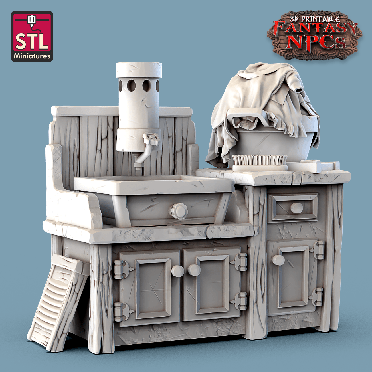 3D Printed STL Miniatures Laundry Set Fantasy NPC 28mm - 32mm War Gaming D&D