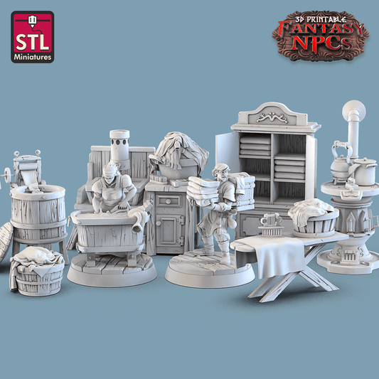 3D Printed STL Miniatures Laundry Set Fantasy NPC 28mm - 32mm War Gaming D&D