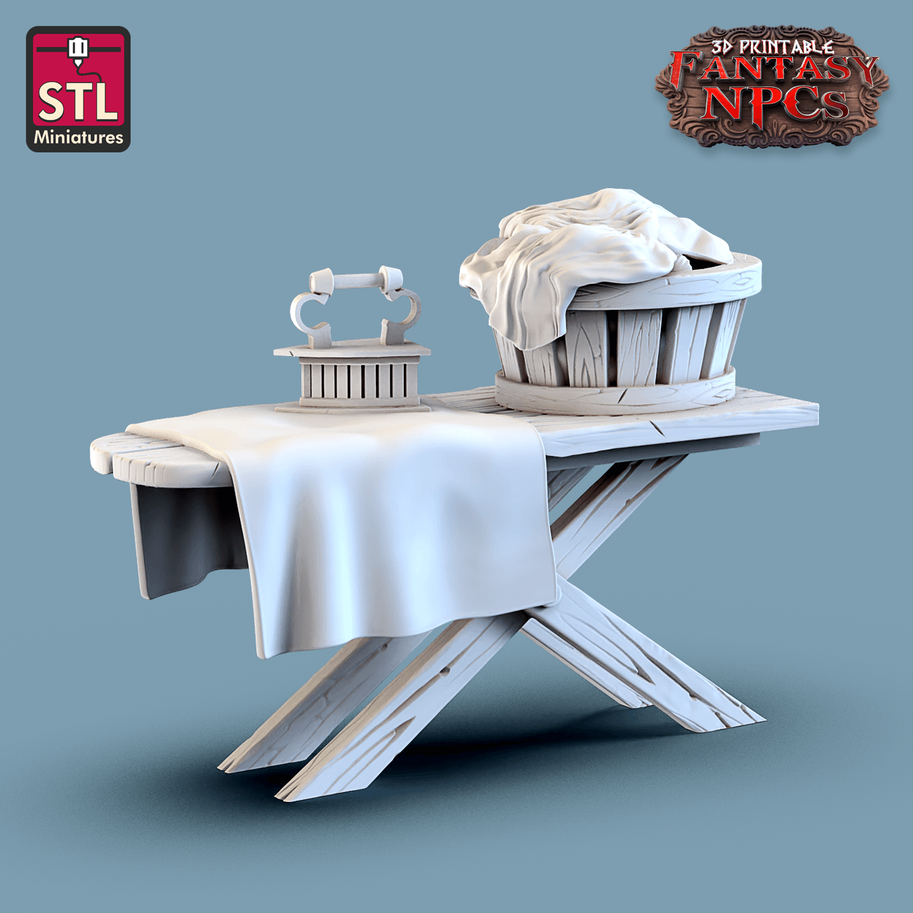 3D Printed STL Miniatures Laundry Set Fantasy NPC 28mm - 32mm War Gaming D&D