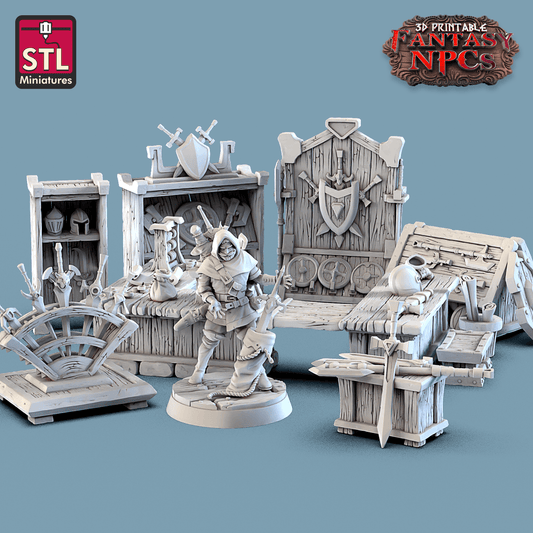 3D Printed STL Miniatures Weapons Merchant Set Fantasy NPC 28mm - 32mm War Gaming D&D