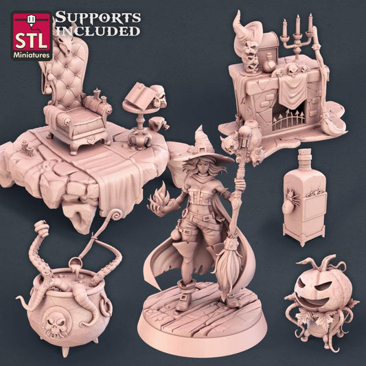 3D Printed STL Miniatures Witch Set 28mm - 32mm War Gaming D&D