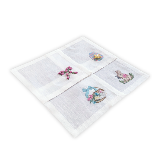 Hand Embroidered Easter Bunny Cocktail Napkins 6" x 6" (Set of 4)