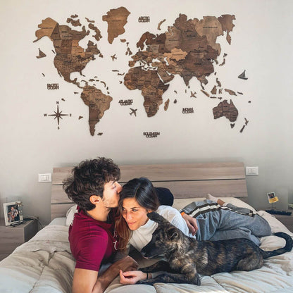 Wall Decor Bundle: 3D Wooden World Map with Flag Pins