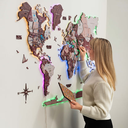 3D LUMINOUS LED Wooden World Map 2.0 Cappuccino